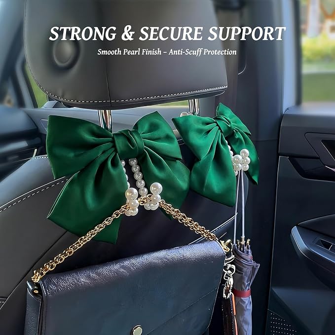 2 PCS Bow Pearl Car Seat Headrest Hook – Cute Purse Hook for Car, Girly Interior Decoration Accessories Hook Hanger, Seatback Holder for Purses & Bags, Elegant Car Organizer (Galactic Green) - Image 3