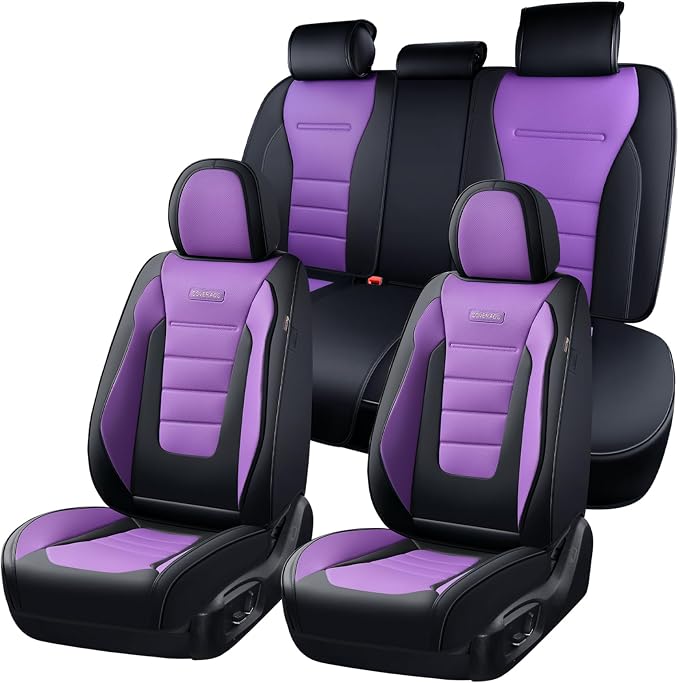 Coverado Car Seat Covers Full Set, Nappa Leather Seat Covers for Cars, Car Seat Protector Car Seat Cushion, Front and Back Seat Protectors Cushions Universal Fit for Most Cars Vehicles(Black&Purple) by COVERADOAUTO