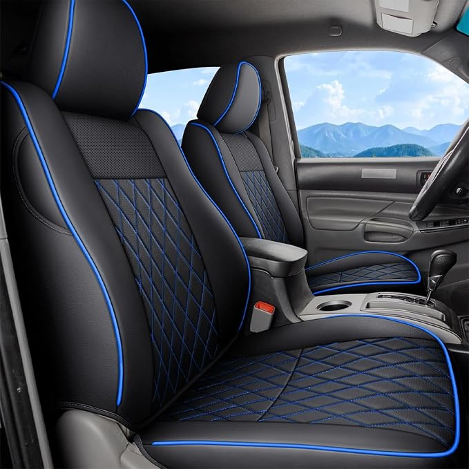Coverado Tacoma Seat Covers Full Set, Faux Leather Seat Covers Custom Fit for 2005-2015 Toyota Tacoma Double/Crew Cab Base Prerunner SR5 Limited TRD Sport Interior Covers (Blue Line) by COVERADOAUTO