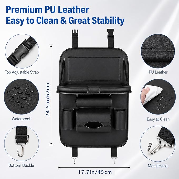 Universal Foldable Car Backseat Organizer with Table Tray, Car Seat Back Protector with Touch Screen Phone Holder, Premium Leather Kick Mats with Storage Pockets Tissue Holder (Black) - Image 5