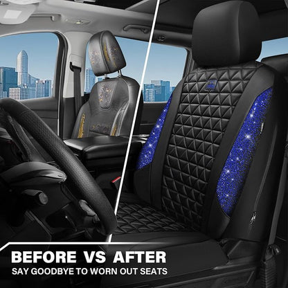 CAR PASS Bling Diamond Black Leather Car Seat Covers for 2 Front Interior Sets, Waterproof Shining Glitter Sparkly Crystal Universal Armrest Fit Automotive Truck SUV Cute Women Girl, Blue Rhinestone - Image 5