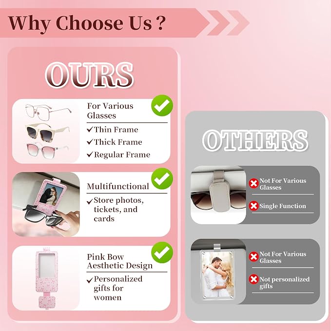 Sunglass Holder for Car, 2 in 1 Sunglass Visor Clip with Photo Frame | Leather Cloth, Magnetic Interior Car Accessories, Holds Paper Tickets, Universal Visor Fit, Custom Photo Slot, Pink - Image 3