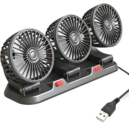 Triple-Head USB Car Fan, 5V Portable Air Circulator Fan with 360° Rotation & Quiet Motor, Small Desk Fan for Car Truck RV Boat Home Office, Plug & Play USB Powered Cooling Fan by Sufcnire