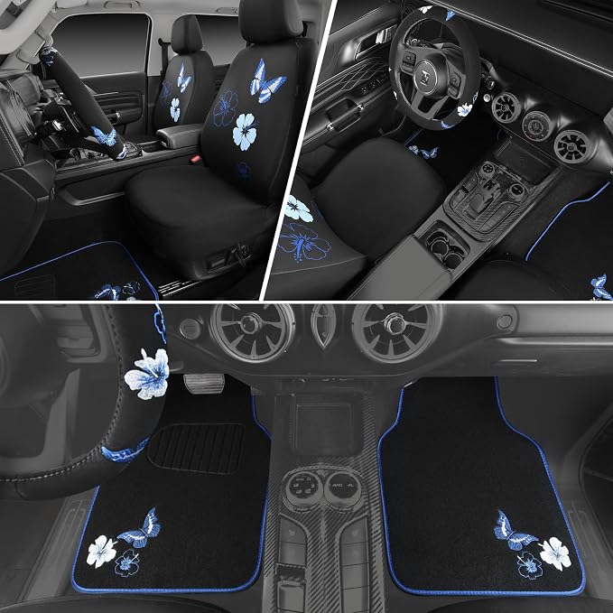 CAR PASS Blue Butterfly Car Seat Covers Full Set, Embroidered Flower Waterproof Car Floor Mats Carpet, Butterflies Steering Wheel Cover for Universal Car Accessories Interior Sets (Black and Blue) - Image 3