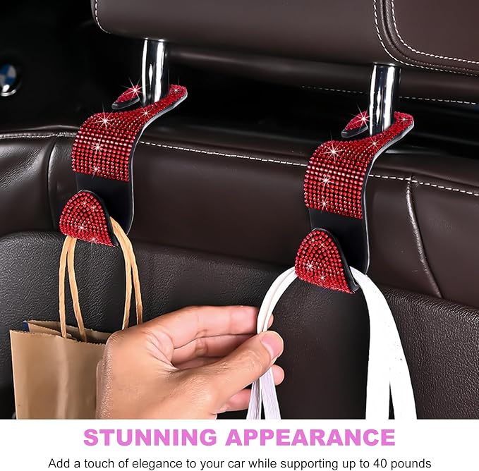 4 PCS Bling Car Seat Headrest Hooks, Rhinestone Vehicle Backseat Storage Hanger Backpack Hook, Sparkly Multi-Functional Headrest Purse Holder for Car Truck SUV RV (Red) - Image 5