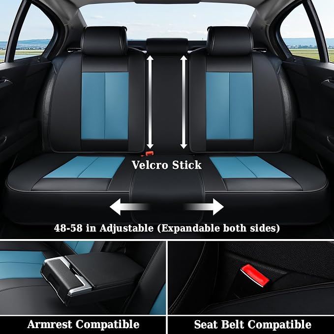 Coverado Back Leather Car Seat Covers for Trucks, Rear Seat Covers for Cars, Automotive Seat Covers Back Car Seat Cover, 3-Pieces Waterproof Nappa Leather Car Seat Cushion Protector, Black&Blue - Image 7