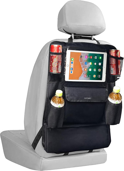 LUCMO Car Backseat Organizer with Touch Screen Tablet Holder, Black | 9 Storage Pockets,Clear Tablet Holder,Protectors Kick Mats,Travel Accessories,Seat Cover,Road Trip Essentials by LUCMO