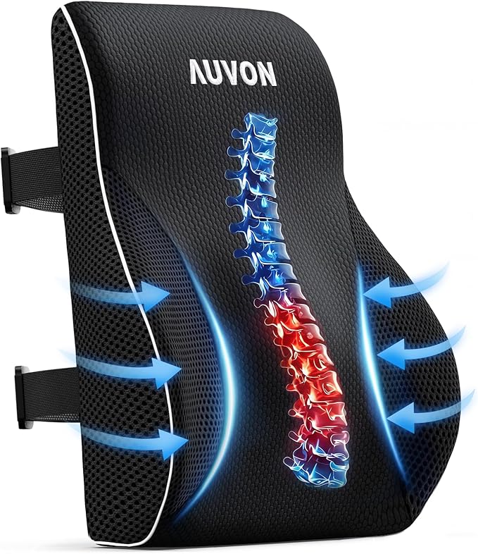 AUVON Lumbar Support Pillow for Office Chair with Patented Bulge for Lower Back Support, Ergonomic Office Home Essentials Improve Posture, Memory Foam Chair Cushion with Straps for Home, Office, Car by AUVON