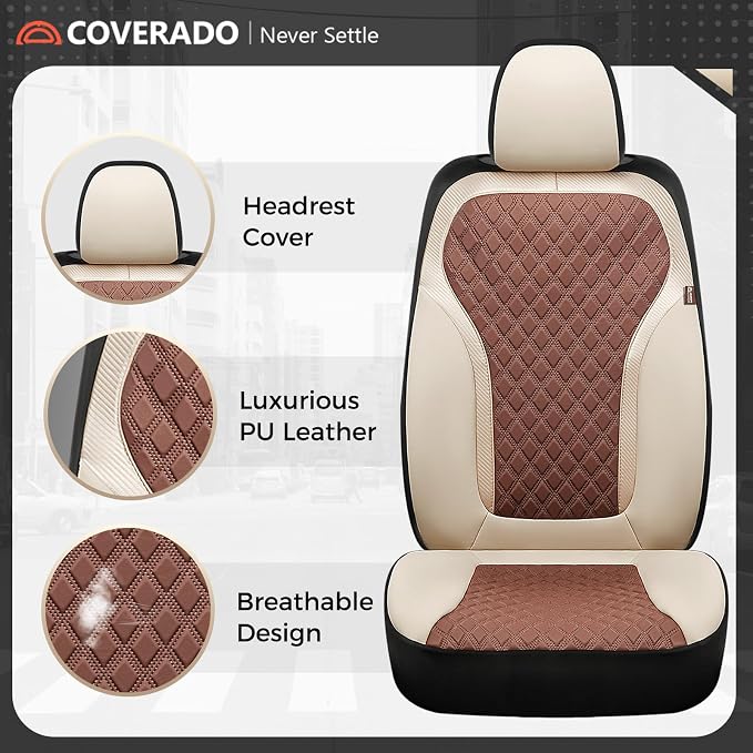 Coverado Front Seat Covers, Luxury Diamond Leather Car Seat Cover with Carbon Fiber Weave, Waterproof Car Seat Cover Driver Seat Cover Spill-Proof Design Universal Fit for Most Cars, Beige&Brown - Image 5