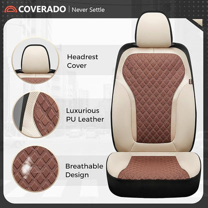 Coverado Front Seat Covers, Luxury Diamond Leather Car Seat Cover with Carbon Fiber Weave, Waterproof Car Seat Cover Driver Seat Cover Spill-Proof Design Universal Fit for Most Cars, Beige&Brown - Image 5