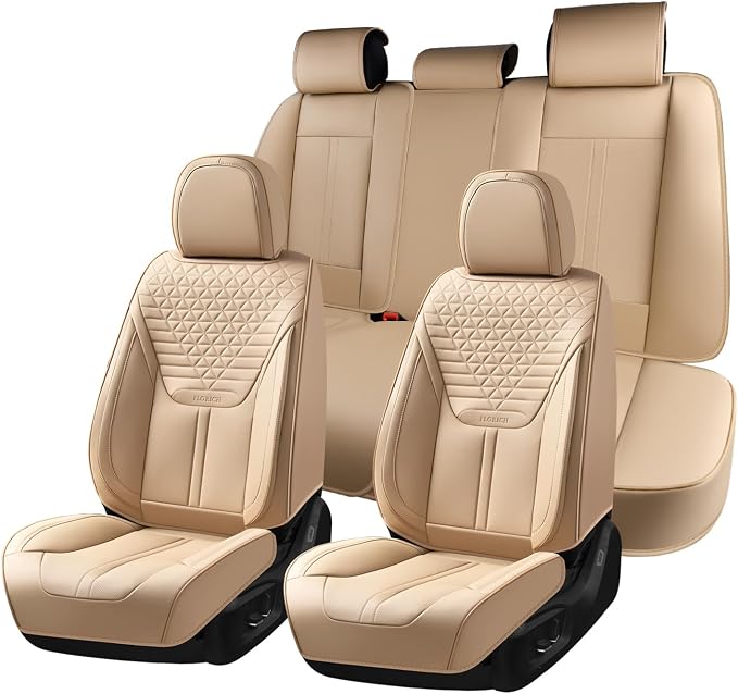 Seat Covers, Car Seat Covers Full Set, Luxury Nappa Leather Seat Covers, Breathable and Waterproof Car Seat Protector 5 Seat, Automotive Seat Covers Universal Fit for Most Cars-Beige by FLORICH