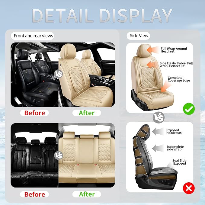 Fit Camry Premium Leather Car Seat Covers for Toyota Camry 2012-2025 2026 - Waterproof，Breathable，All-Weather Seat Cushion Protecto & Airbag Compatible, 2 Front Seat Beige - Image 6