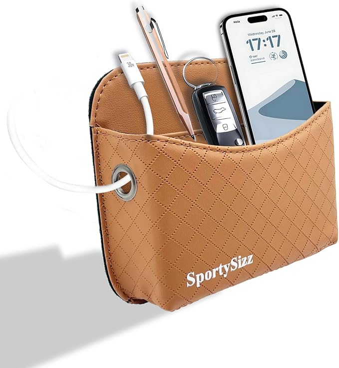 Car Door Organizer, PU Leather Storage Pouch with Strong Sticky Back for Phone, Keys - Fits Car Seat Side Pocket & Console Gap, Universal Car Accessories - Brown by Unknown