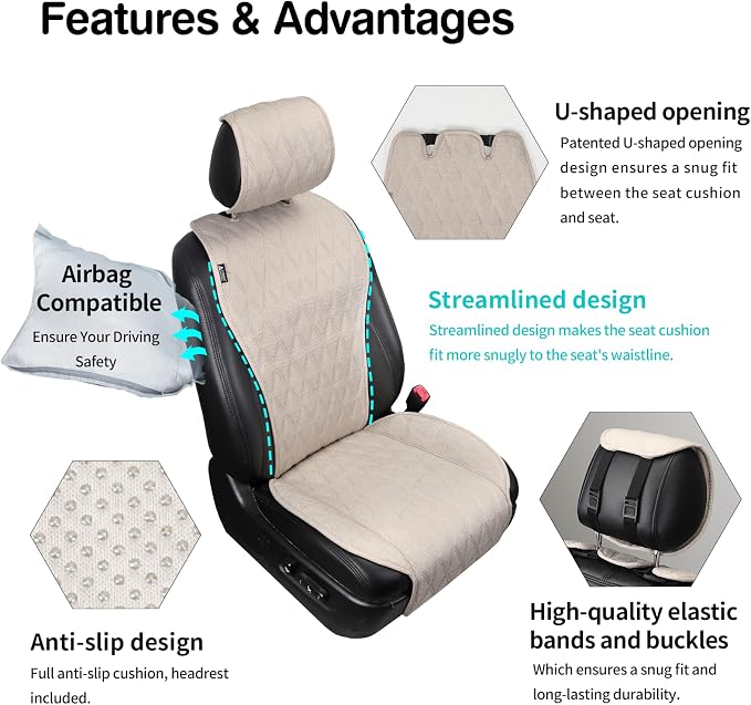 Leader Accessories 2pcs Sideless Front Seat Covers for All Seasons, Beige | Breathable Faux Linen Seat Cushions, Non-Slip Bottom With Headrest Protectors, Universal Fit For Car Van SUV Pickup Truck - Image 5