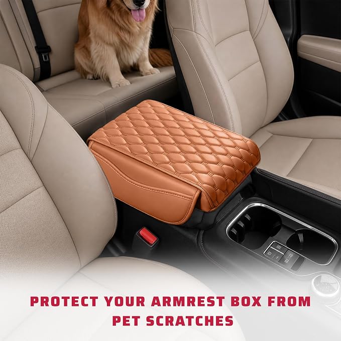 Car Center Console Cover, Memory Foam Auto Armrest Cushion Center Console Pillow Pad with Side Pockets, Anti-Scratch Leather Elbow Pillow Armrest Seat Box Protector for Most Cars (Yellow) - Image 6