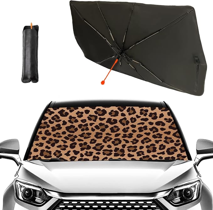 Socira Leopard Print Car Windshield Sunshade Umbrella, 57" x 30" | Blocks UV Rays Keeps Car Cool Foldable Compatible with Most Cars Trucks SUVs Umbrella Sun Shade Cover Sunshade Accessories by Socira
