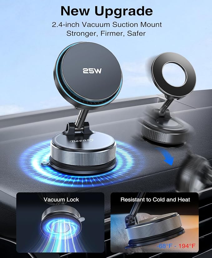 Beeasy 25W Qi2.2 MagSafe Car Mount Charger Built-in Cooling Fan, Upgraded Vacuum Suction Cup 360° Rotation, Magnetic Wireless Car Charger with 63W Adapter for iPhone 17 16 Pro Max Samsung S26 Ultra - Image 5