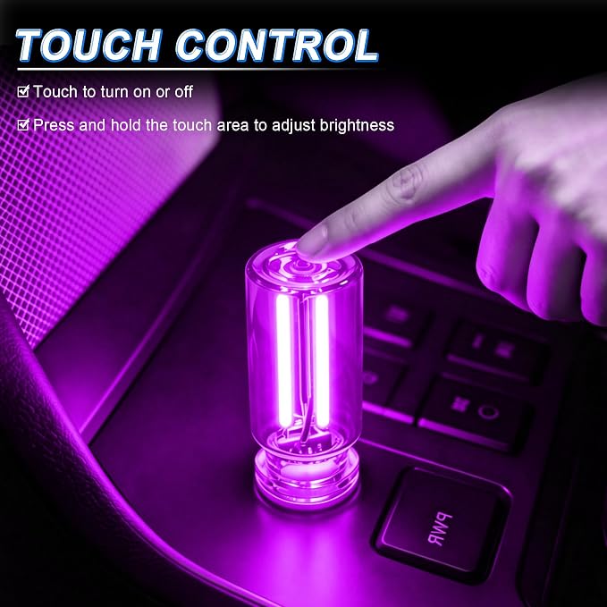 iFunyLED Car Interior USB LED Night Light, Portable Touch dimmable Car Ambient Lighting Kit, Retro Mini Transparent Glass Bottle Lamp Decorations for Vehicle Camping Bedroom Hallway, Pack of 2(Purple) - Image 4