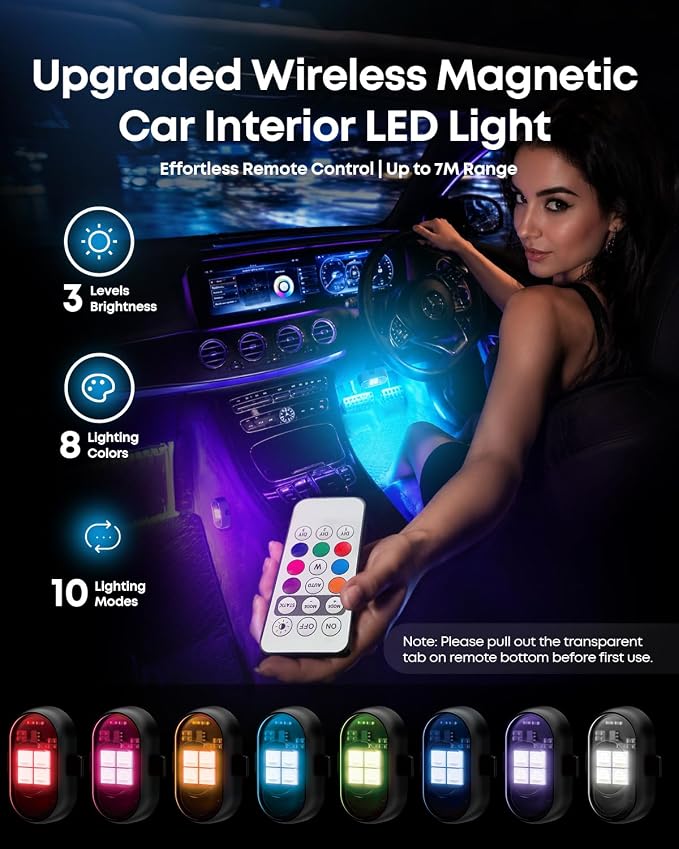 Wireless Magnetic Car Interior LED Lights, RGB Ambient Lighting with Remote | For Inside Car SUV Truck RV Night Decor, Strong Grip, Easy Detach, Rechargeable, Mini, 8H+ Runtime, 8 Colors & 10 Modes - Image 3