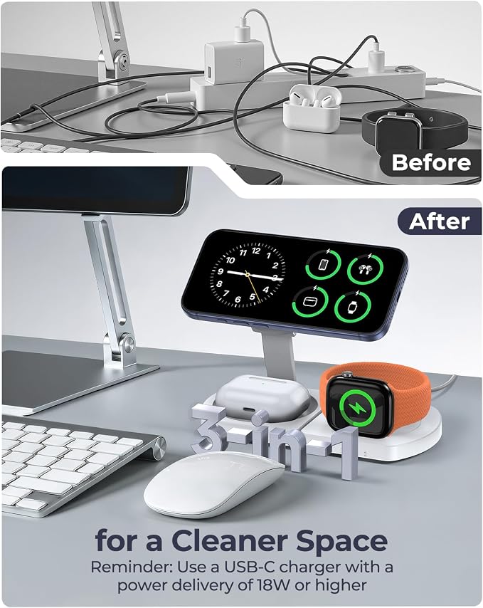 Wireless Charger for IPhone, 3-in-1 Magnetic Charging Station for Apple, MagSafe Charger Stand for IPhone 17 Air 16 15 14 13 12 Series, Airpods Pro, Apple Watch Ultra, Foldable, No Adapter, White | Compatible with iPhone 17 Air 16 15 14 13 12 Series, A... - Image 8