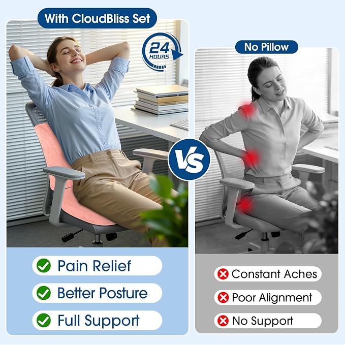 CloudBliss Ergonomic Seat Cushion & Lumbar Support Pillow Set, Pink, XL | Back Pain & Sciatica Relief, Memory Foam Support, Adjustable Straps, Machine Washable Velvet, Perfect for Office, Car, Gaming - Image 8