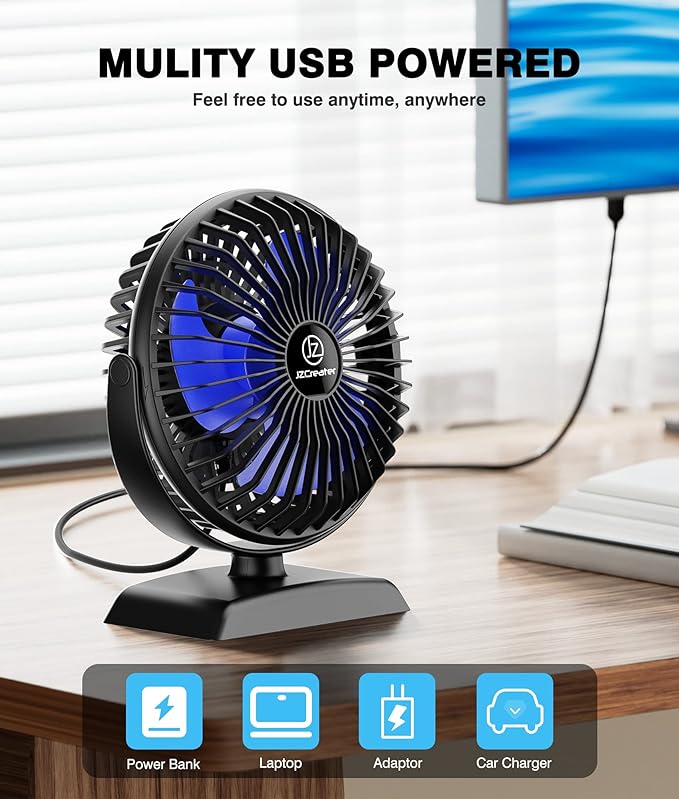 JZCreater USB Desk Fan, 2Pack USB Fan, 360 Rotation Desktop Fan with 3 Speed, Table Personal Cooling Fan, Quiet Mini Desk Fan, USB Powered, Small Fan for Home Office Bedroom Car Travel, Pink - Image 5