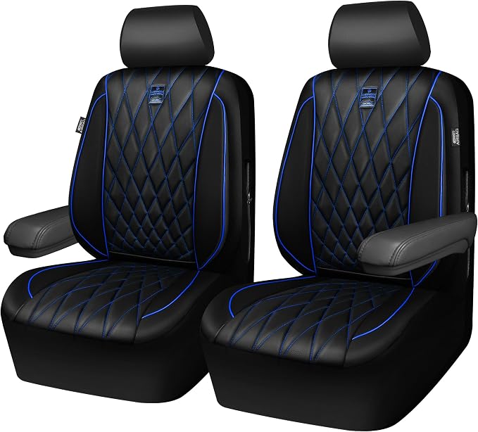 CAR PASS Piping Luxury PU Leather Two Front Car Seat Covers,Waterproof Anti- Slip Seat Covers Compatible with Front Seat Armrests,Universal Fit for Suvs,Vans,Trucks,Airbag Compatible(Black and Blue) - Image 7