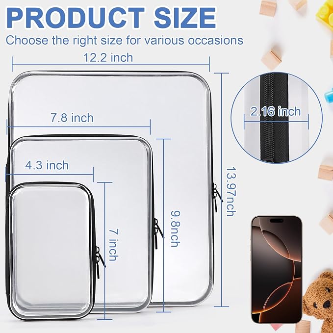 YOPCDJ 3 Pack Clear Hard Shell Zipper Case, Clear Zipper Pouches Waterproof Makeup Organizer & Travel Toiletry Bag, Plastic Pouch for Travel Office Storage, Black 3 Pack XLLS - Image 2