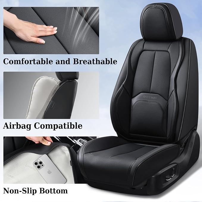 Coverado Car Seat Covers Full Set, Premium Nappa Leather Seat Covers for Car, Waterproof Car Seat Protector with Lumbar Support, Automotive Seat Covers Universal Fit for Most Cars SUV Truck(Black) - Image 3