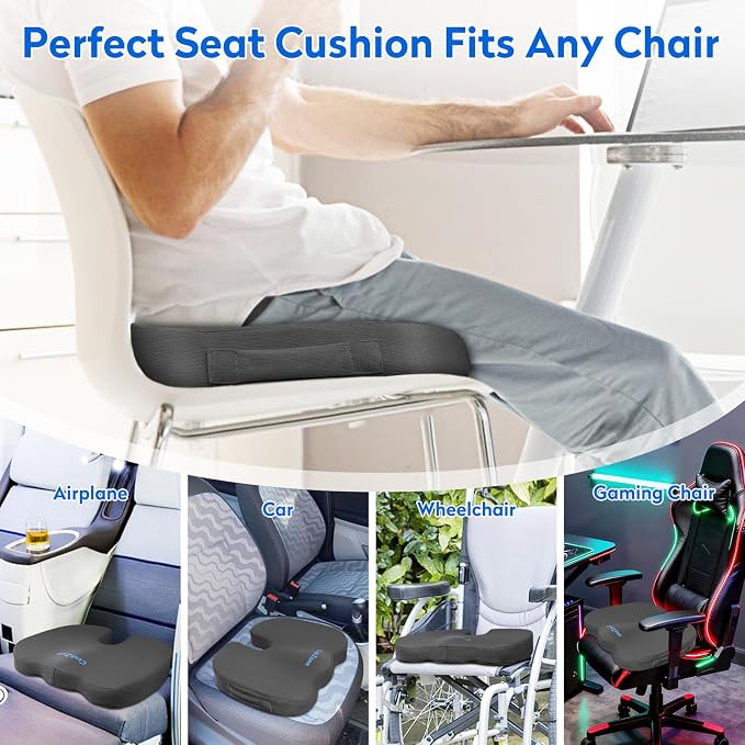 CushZone Memory Foam Seat Cushion for Office Car & Wheelchair, Gray | U-shaped Coccyx Cutout, Contoured Design, Breathable Removable Mesh Cover, Non-Slip Base, Carry Handle - Image 5
