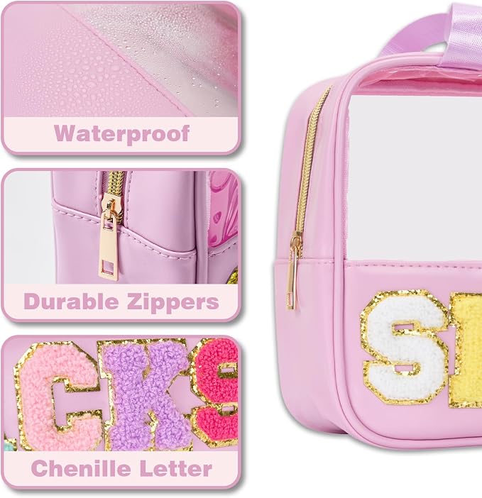 Snack Bags Chenille Letter Clear Makeup Bag Snacks Bags for Travel, Clear Snack Pouch, Preppy Cosmetic Bag, Sunscreen Bag, Travel Toiletry Pouches Cosmetic Pouch for Women and Girls - Image 3