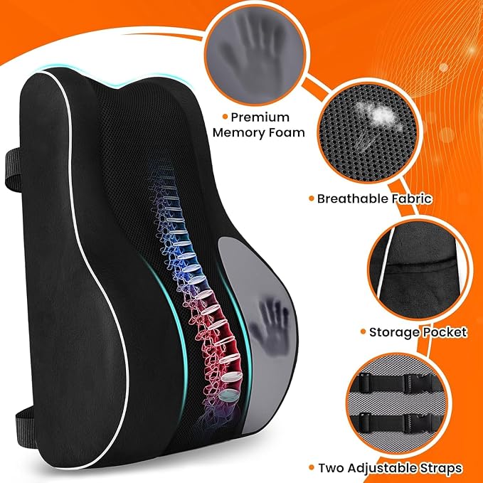 CloudBliss Lumbar Support Pillow, Memory Foam for Office, Standard, Black | Ergonomic High-Density Memory Foam, Adjustable Straps, Washable Mesh Cover, Lower Back Support for Office, Gaming & Car Seat - Image 4