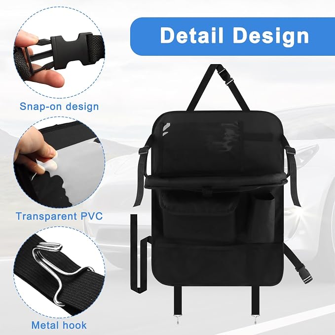 Backseat Car Organizer with Foldable Tray, Car Seat Organizer and Storage | Seat Back Protector Kick Mats, Universal Vehicle Travel Accessories with 2 Hooks for Kids and Family - Image 4