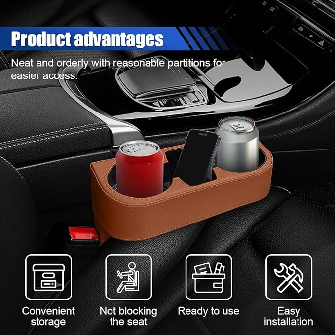 KITUREK Car Cup Holder, PU Leather Cover Auto Front Seat Organizer, Brown | Multifunctional Cup Drink Holder, Gap Filler Coin Bucket Storage Box, Console Side Pocket, Cell Mobile Phone Holder - Image 4