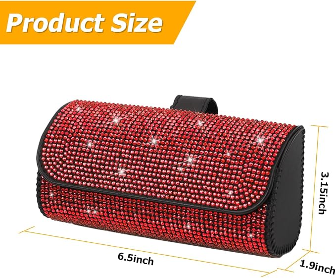 Osilly Bling Car Sunglass Holder for Sun Visor, Sparkling Crystal Leather Automotive Eyeglasses Mount Clip Organizer with Hidden Magnetic Closure for Men Women, Universal for SUV Truck Van（Red） - Image 2