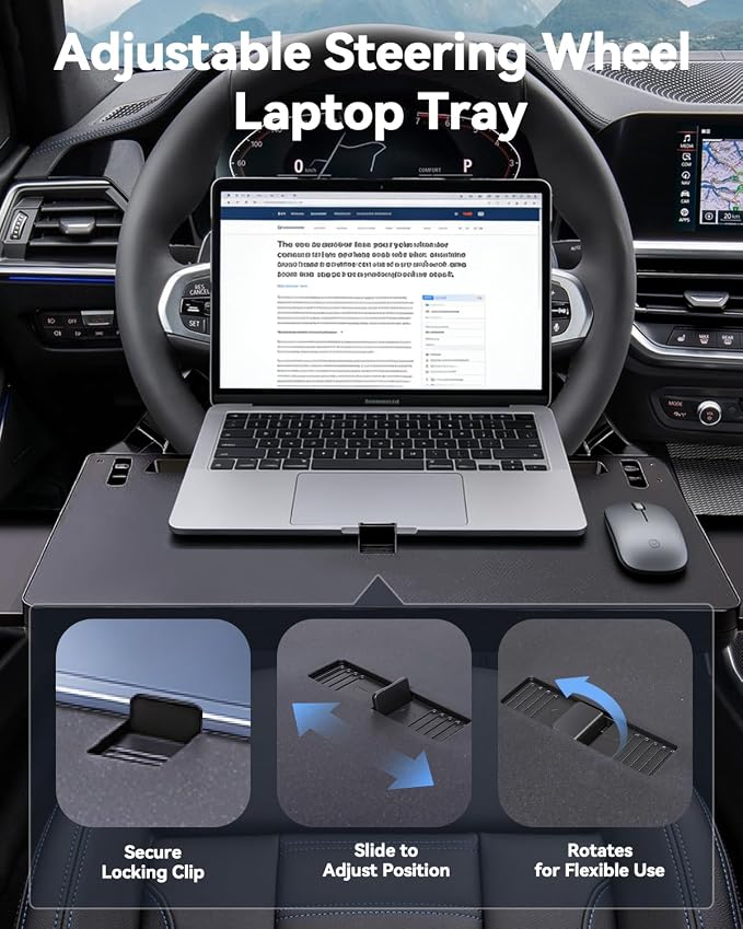 Car Steering Wheel Desk for Laptop, Portable Car Steering Wheel Tray for Eating & Work, Multipurpose Travel Car Table, Steering Wheel Mounted Desk (Parked Use Only) - Image 7