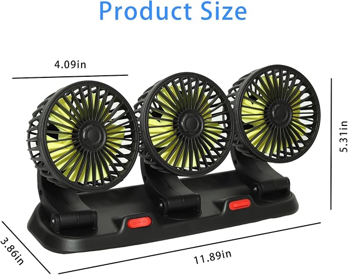 Portable 3-Head Car Cooling Fan 12V-Brushless Motor-2 Speeds, 360 Rotation,for Car Dashboard, Powerful Cooling Solution for Sedan/SUV/RV/Truck/Van Vehicles,Cigarette Lighter Powered (3-head 12V) - Image 3