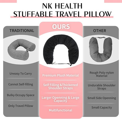 Stuffable Neck Pillow for Travel, Packable Neck Pillow (Black) | Velvet cover, Stuff with clothes to save luggage space, No extra baggage fees, Fits 5+ days travel essentials, Zipper closure - Image 6