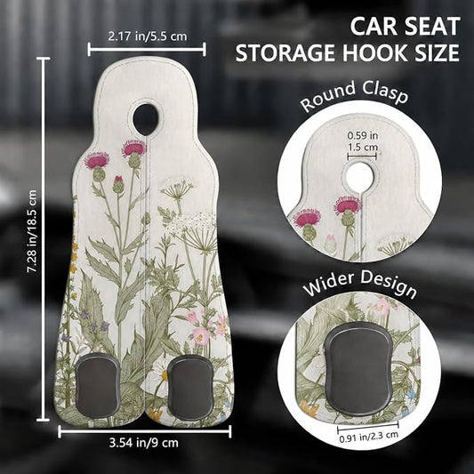 Cute Vintage Wildflower Car Seat Back Storage Headrest Hooks for Purses & Bags – 2PCS PU Leather Dual Metal Hooks, Backseat Organizer Accessories - Image 2