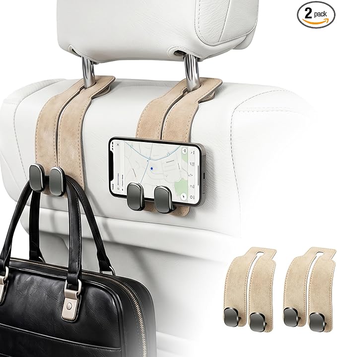 SUKIPIN Car Hooks, Car Seat Headrest Hooks for Purses and Bags 2-Pack Beige | Car Accessories for Women, Solid Durable Construction, Quick Tool-free Mounting, Universal Fit for Most Vehicle Headrests by SUKIPINDirect