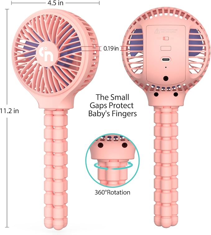 Portable Stroller Fan, USB or Rechargeable Battery Operated with 3 Speeds and 360°Rotate, Cooling Clip On for Baby Crib Travel Car Seat Pink - Image 8