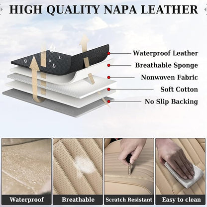 Coverado Front and Back Seat Covers for Cars, Automotive Seat Covers for Trucks, Nappa Leather Car Seat Covers, 5 Seats Waterproof Carseat Protector Car Seat Cover Beige, Universal Fit for Most Cars - Image 7