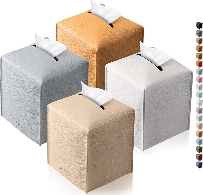Tissue Box Cover, Tclouda, Modern PU Leather Square Tissue Box Holder for Creative Decorative, 4 Pack, Ideal for Bathrooms/Office/Car/Nightstand/Outdoor Tent, 5"X5"X5", White&Beige&Gray&Claybank by Tclouda