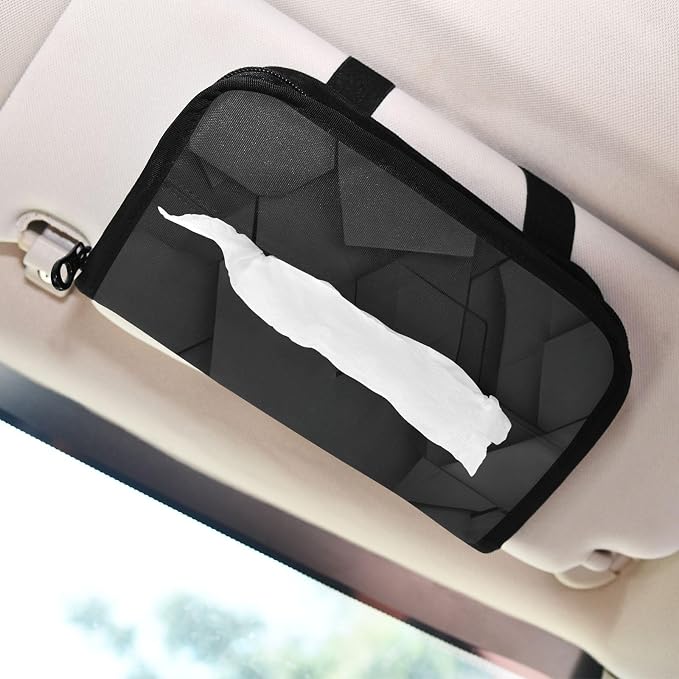 Car Tissue Holder Car Napkin Holder Car Tissue Box Dispenser Storage Case Sun Visor Mask Holder with Adjustable Straps Reusable Refillable Black Geometric Polygon - Image 7