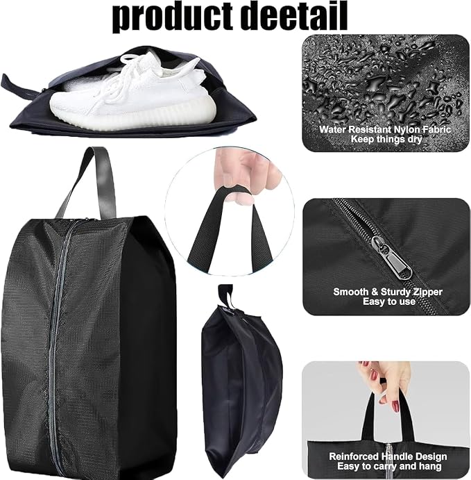 5Pcs Large Travel Shoe Bags Portable Travel Gifts Shoe Organizer with Zipper Closure, Waterproof Nylon Shoe Storage Organizer with Handle Travel Bags For Men and Women, Black - Image 3