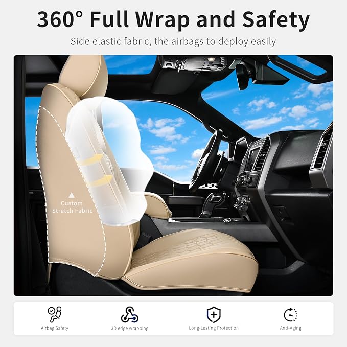 Huidasource F250 Front Seat Covers, 360° Full Coverage Leather Car Seat Protector Fit for Ford F150 2015-2026&F250 F350 F450 2017-2026 All Cab XL XLT Lariat King Ranch Platinum (Front Pair/Beige) - Image 5