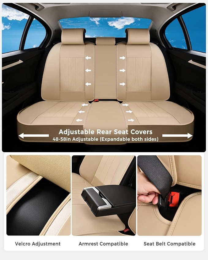 Huidasource Beige Back Seat Cover, Luxury Faux Leather Car Back Seat Cover, Velcro Adjustable, Compatible with Child Seat, Perforation Cooling＆Heating, Universal Fit for Most Cars Vans, Trucks, SUVs - Image 3