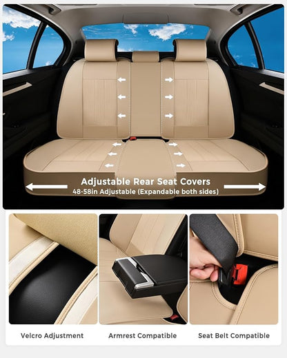 Huidasource Beige Back Seat Cover, Luxury Faux Leather Car Back Seat Cover, Velcro Adjustable, Compatible with Child Seat, Perforation Cooling＆Heating, Universal Fit for Most Cars Vans, Trucks, SUVs - Image 3