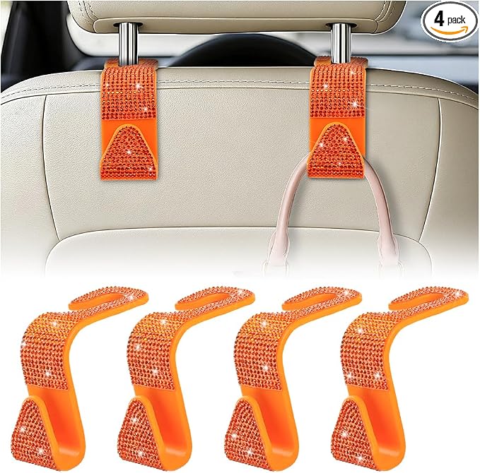HZEL 4PCS Crystal Rhinestone Vehicle Headrest Hooks for Bags, Orange | plastic and rhinestone build, snap-on headrest mounting, holds bags and umbrellas, uses seatback space, fits vehicles by Unknown
