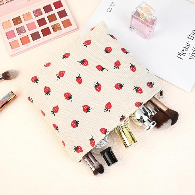 SOIDRAM 2 Pcs Cute Makeup Bag Large Cosmetic Bag Toiletry Bag Makeup Pouch Travel Bag Organizer Cute Makeup Brushes Aesthetic Accessories Storage Bag for Women Strawberry Pink Beige - Image 7